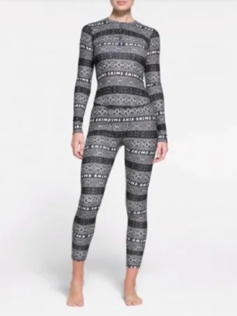 SKIMS Logo Plush Pointelle Henley Top and Legging Set - Black & Gray Pattern